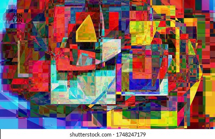 Abstract vector wallpaper. Small broken pixel distortion glitch art. Matrix geometric pattern. Vibrant colorful digital texture. Computer marketing sale background template.