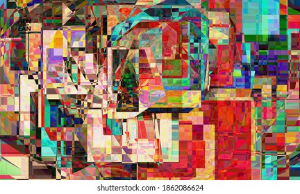 Abstract vector wallpaper. Small broken pixel distortion glitch art. Matrix geometric pattern. Vibrant colorful digital texture. Computer marketing sale background template.