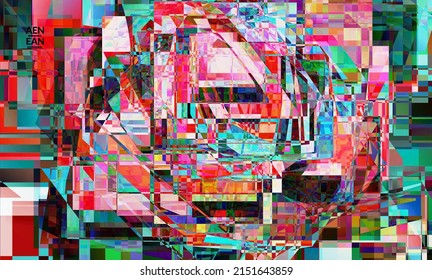 Abstract vector wallpaper. Small broken pixel distortion glitch art. Matrix geometric pattern. Vibrant colorful digital texture. Computer marketing sale background template.