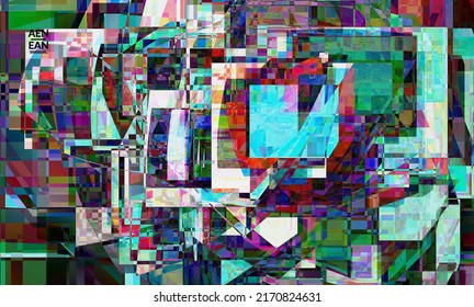 Abstract vector wallpaper. Small broken pixel distortion glitch art. Matrix geometric pattern. Vibrant colorful digital texture. Computer marketing sale background template.