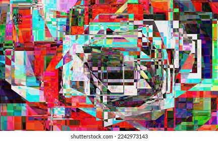 Abstract vector wallpaper. Small broken pixel distortion glitch art. Matrix geometric pattern. Vibrant colorful digital texture. Computer marketing sale background template.