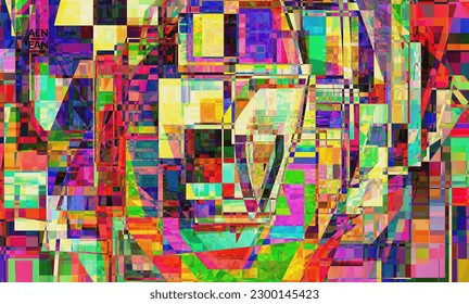 Papel de pantalla abstracto. Pequeño arte de desenfoque de distorsión de píxeles rotos. Patrón geométrico de matriz. Vibrante textura digital colorida. Plantilla de fondo de ventas de marketing por computadora.