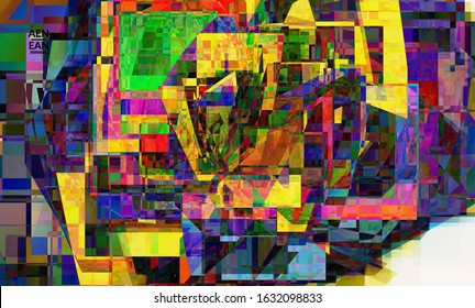 Abstract vector wallpaper. Small vibrant colored overlapping squares. Retro TV test glitch effect digital art. Pixel uneven geometric pattern.Web data cyberspace computer filtered texture.