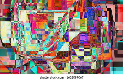 Abstract vector wallpaper. Small vibrant colored overlapping squares. Retro TV test glitch effect digital art. Pixel uneven geometric pattern.Web data cyberspace computer filtered texture.