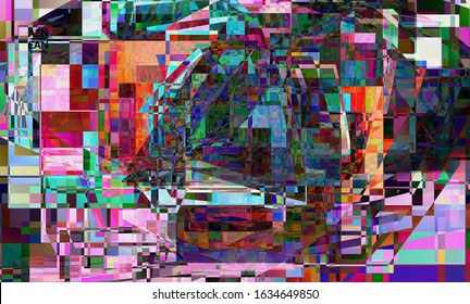 Abstract vector wallpaper. Small vibrant colored overlapping squares. Retro TV test glitch effect digital art. Pixel uneven geometric pattern.Web data cyberspace computer filtered texture.