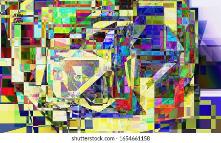 Abstract vector wallpaper. Small vibrant colored overlapping squares. Retro TV test glitch effect digital art. Pixel uneven geometric pattern.Web data cyberspace computer filtered texture.