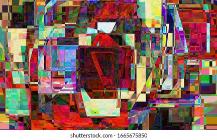 Abstract vector wallpaper. Small vibrant colored overlapping squares. Retro TV test glitch effect digital art. Pixel uneven geometric pattern.Web data cyberspace computer filtered texture.