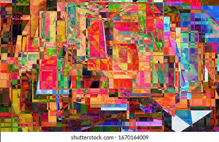 Abstract vector wallpaper. Small vibrant colored overlapping squares. Retro TV test glitch effect digital art. Pixel uneven geometric pattern.Web data cyberspace computer filtered texture.