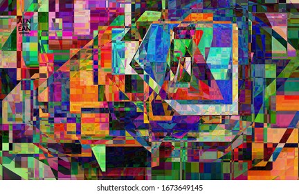 Abstract vector wallpaper. Small vibrant colored overlapping squares. Retro TV test glitch effect digital art. Pixel uneven geometric pattern.Web data cyberspace computer filtered texture.