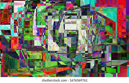 Abstract vector wallpaper. Small vibrant colored overlapping squares. Retro TV test glitch effect digital art. Pixel uneven geometric pattern.Web data cyberspace computer filtered texture.