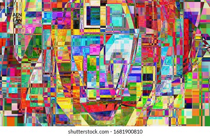 Abstract vector wallpaper. Small vibrant colored overlapping squares. Retro TV test glitch effect digital art. Pixel uneven geometric pattern.Web data cyberspace computer filtered texture.