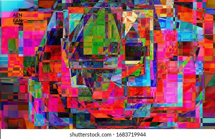 Abstrakte Vektorillustration-Tapete. Kleine, lebendige, überlappende Quadrate. Retro TV Test glitch Effekt digitale Kunst. Pixel ungleichmäßige geometrische Muster.Web-Daten Cyberspace Computer gefiltert Textur.
