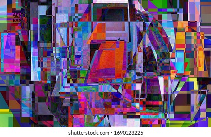 Abstract vector wallpaper. Small vibrant colored overlapping squares. Retro TV test glitch effect digital art. Pixel uneven geometric pattern.Web data cyberspace computer filtered texture.