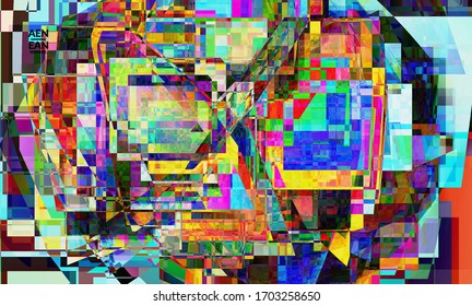 Abstract vector wallpaper. Small vibrant colored overlapping squares. Retro TV test glitch effect digital art. Pixel uneven geometric pattern.Web data cyberspace computer filtered texture.