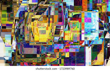 Abstract vector wallpaper. Small vibrant colored overlapping squares. Retro TV test glitch effect digital art. Pixel uneven geometric pattern.Web data cyberspace computer filtered texture.