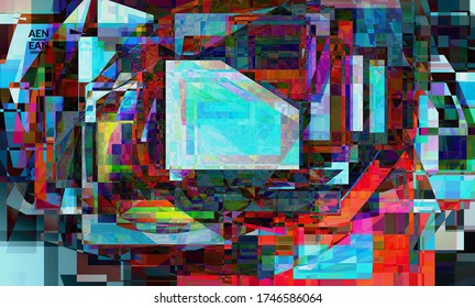 Abstract vector wallpaper. Small vibrant colored overlapping squares. Retro TV test glitch effect digital art. Pixel uneven geometric pattern.Web data cyberspace computer filtered texture.