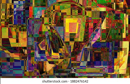 Abstract vector wallpaper. Small vibrant colored overlapping squares. Retro TV test glitch effect digital art. Pixel uneven geometric pattern.Web data cyberspace computer filtered texture.