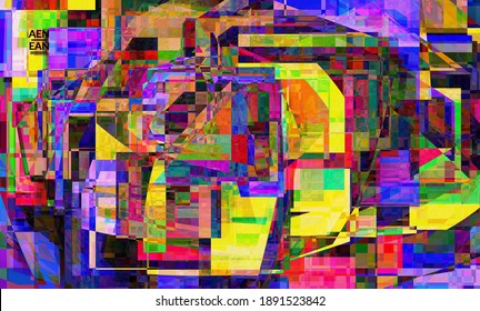 Abstract vector wallpaper. Small vibrant colored overlapping squares. Retro TV test glitch effect digital art. Pixel uneven geometric pattern.Web data cyberspace computer filtered texture.