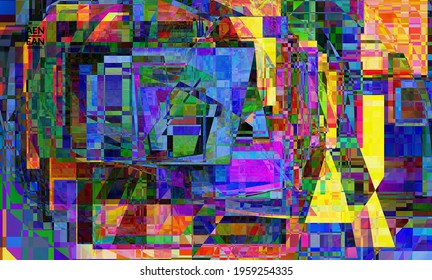 Abstract vector wallpaper. Small vibrant colored overlapping squares. Retro TV test glitch effect digital art. Pixel uneven geometric pattern.Web data cyberspace computer filtered texture.