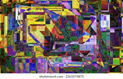 Abstract vector wallpaper. Small vibrant colored overlapping squares. Retro TV test glitch effect digital art. Pixel uneven geometric pattern.Web data cyberspace computer filtered texture.