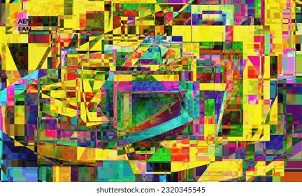 Abstract vector wallpaper. Small vibrant colored overlapping squares. Retro TV test glitch effect digital art. Pixel uneven geometric pattern.Web data cyberspace computer filtered texture.