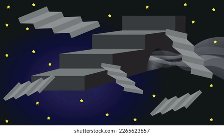 Abstract vector wallpaper  Surrealistic depiction  Stairs in space  From the hole in the stairs  the hole behind which the waves come out  Yellow stars around objects  surreal  abstract  stairs 