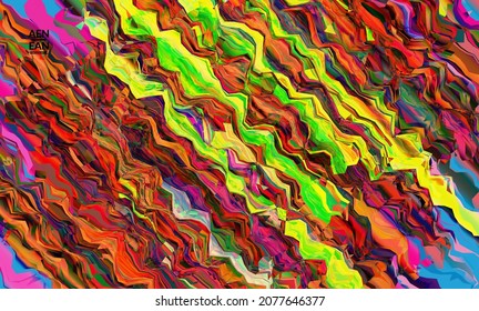Papel de pantalla abstracto. Textura acuarela fondo de color vibrante. Líneas diagonales de degradado onduladas filtradas por el equipo visual. Patrón de textura de mármol de flujo dinámico de pintura. Afiche de arte psicodélico.