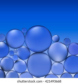 abstract vector water with bubbles. Bubbles in water on blue background pattern. Circle and liquid, light design, clear soapy shiny, vector illustration. 