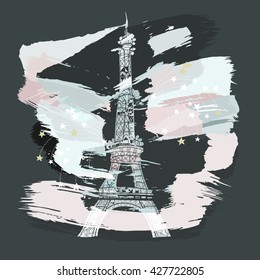 Abstract vector watercolor background spot.The Eiffel Tower in Paris fireworks.