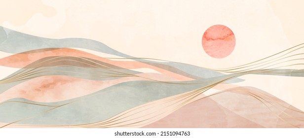 Abstract vector watercolor banner with mountains, hills and sun. Landscape art background with golden lines for wallpaper design, wall decor, interior design, web