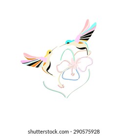 abstract  vector watercolor draw two Hummingbird and flower ,, logo, color pattern bird, fashion design, tropical  prints, Color vector logotype, label, emblem 