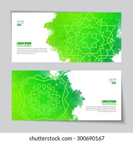 Abstract vector watercolor green banners with geometric pattern and grunge painted texture