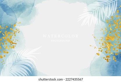 Abstract vector watercolor illustration in light blue shades with golden splashes and palm leaves
