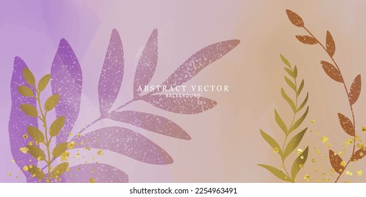 Abstract vector watercolor illustration in purple and orange tones with floral elements and golden splashes