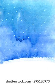 abstract vector watercolor landscape  with falling snow, winter  background for new year or Christmas card,  blue and white backdrop, hand drawn  illustration