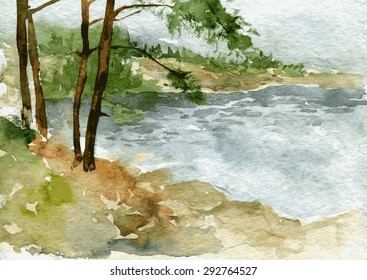 abstract vector watercolor landscape with lake shore and pine trunks at gloomy cloudy day, hand drawn illustration, nature background