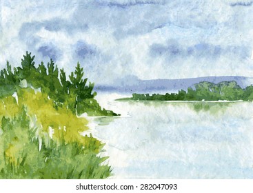 abstract vector watercolor landscape with river and spruce forest, rain clouds and reflection in water and canebrake,  hand drawn  illustration, nature background