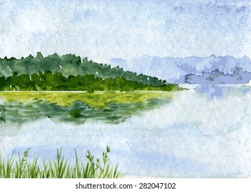 abstract vector watercolor landscape with river and spruce forest, rain clouds and reflection in water and canebrake,  hand drawn  illustration, nature background