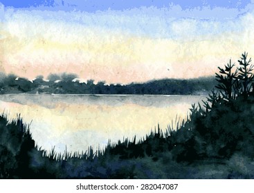 abstract vector watercolor landscape,lake in calm weather at sunset with silhouettes of grass and trees,  hand drawn vector illustration, watercolor background