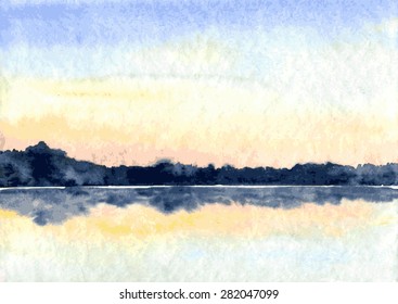 abstract vector watercolor landscape,lake in calm weather at sunset,  hand drawn  illustration, nature background