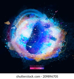 Abstract vector watercolor palette,dark background.Image of the galaxy,stars and constellations,vector illustration,a mixture of colors,stains with a spray of water colors,the author's work.