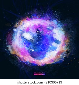 Abstract vector watercolor palette,dark background.Image of the galaxy,stars and constellations,vector illustration,a mixture of colors,stains with a spray of water colors,the author's work.