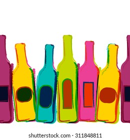 Abstract vector watercolor seamless background with colorful wine bottles. Concept for bar menu, party, alcohol drinks, holidays, wine list, flyer, brochure, poster, banner. Creative trendy design.