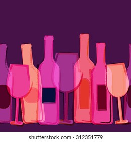 Acuarela vectorial abstracta de fondo transparente. Botellas de vino rojo, rosa, violeta y vasos. Concepto creativo para el menú del bar, fiesta, bebidas alcohólicas, vacaciones, carta de vinos, volante, folleto, póster, pancarta. 