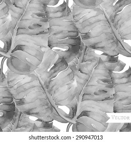Abstract vector watercolor seamless pattern with palm, banana leaves. Bohemian allover pattern with monstera leaves.