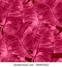 Abstract vector watercolor seamless pattern with palm, banana leaves. Bohemian allover pattern with monstera leaves.