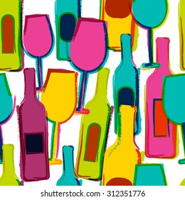 Abstract vector watercolor seamless pattern, multicolor wine glasses, bottles. Concept for bar menu, party, alcohol drinks, holidays, wine list, flyer, brochure, poster, banner. Trendy design.