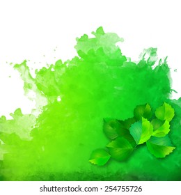 Abstract vector watercolor spot with green leaves on rough grunge texture painted background