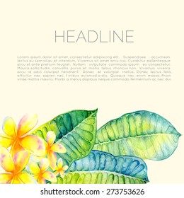 Abstract vector watercolor template with frangipani leaves and flower. 