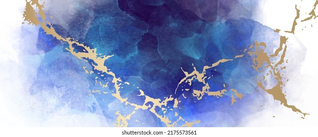Abstract vector watercolor texture art background for cards, flyer, poster, banner and cover design. Hand drawn blue stucco texture with gold cracks. Watercolour banner. Marble. Luxury stone template.